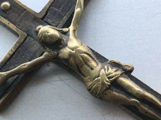 Antique Brass Ebony 1800s Clergy Rosary Crucifix Cross Pendant Hand Filed