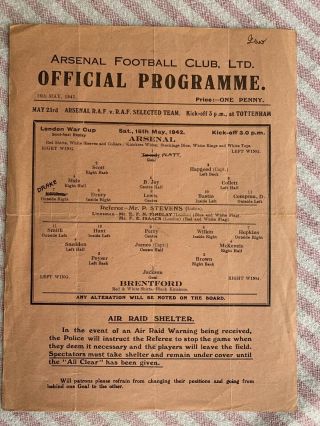 Rare 1942 London War Cup Semi Final Replay Programme Arsenal V Brentford