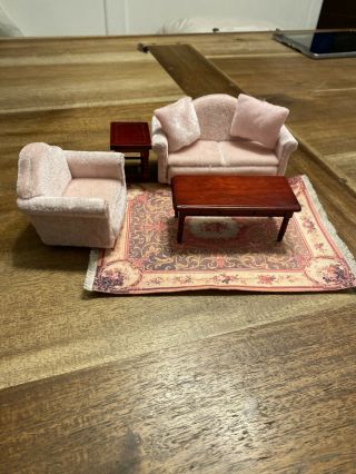 Vintage Miniature Dollhouse Upholstered Sofa,  Chair,  Coffee Table,  Rug