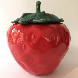 Strawberry Cookie Jar Metlox Potteries Vintage Made In Usa Red Green Ceramic