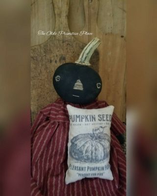 Primitive Handmade Pumpkin Doll With Feedsack/Fall/Autumn 2