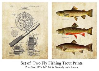 Vintage Trout Fly Fishing Reel Patent Art Prints Save 25 Cabin Wall Decor Gift