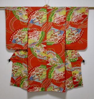Japanese Silk Antique Kimono / Fan & Flower / Vintage Fabric / For Children /616