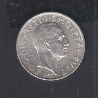 1937 Albanian.  1 Fr.  Ar.  Silver Coin 5 Gr Rare.  See The Picture.  3a