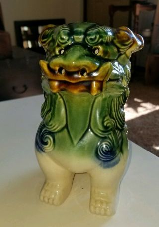 Vintage Chinese Asian Glazed Ceramic Foo Dragon Dog Statue,  Green,  Brown,  White