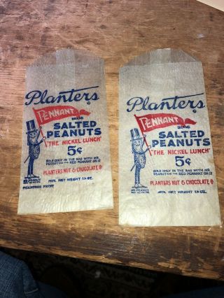 2 Rare 5 Cent Planters Peanuts Wax Wrapper Bag Mr Peanut Pennant Logo