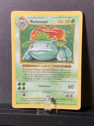 , Base Set Holo Venusaur 15/102 Shadowless Pokemon Card Rare,