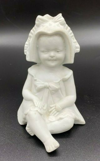 German Bisque Porcelain Piano Baby Girl With Lady Bug Stamped 3173 Bonnet Happy