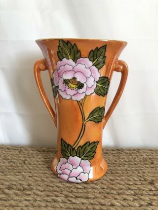 Vtg Noritake Japan Double Handled Vase Orange Luster Ware Floral Hand Painted