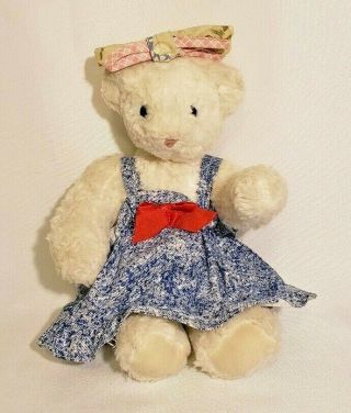 Rare White Jointed Vermont Teddy Bear In Blue & White Dress With Bow