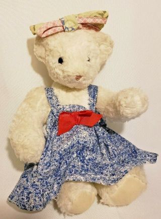 Rare WHITE Jointed VERMONT TEDDY BEAR in Blue & White Dress with bow 2