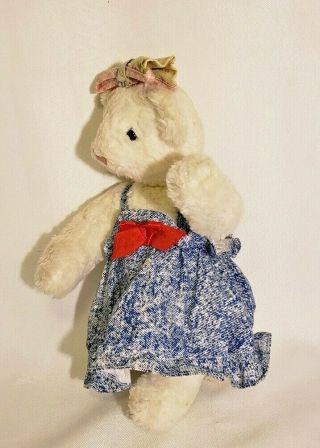 Rare WHITE Jointed VERMONT TEDDY BEAR in Blue & White Dress with bow 3