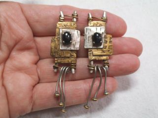 Vtg Mixed Metals Antiqued Brass/silver,  Fringe 2.  5 " Earrings - Tabra/baer Style - Ac