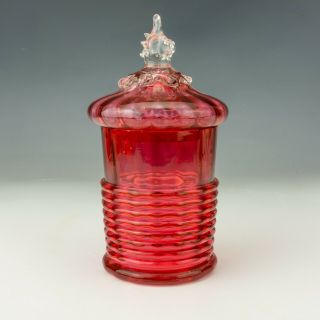 Antique Victorian Cranberry & Clear Glass Covered Jar - Lovely