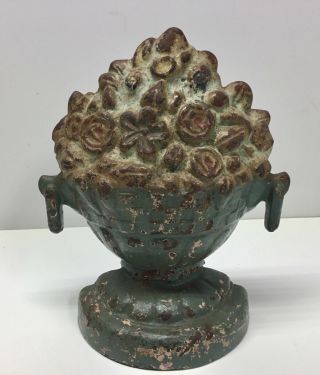 Antique Vintage Cast Iron Flowers In Basket / Planter Door Stop - Estate Find
