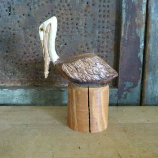 Pelican On Pier Post Hand Carved & Painted Folk Art Bird Figure Carving