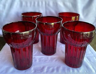 Vintage Ruby Red Glasses With Gold Trim.  4 1/2” High.  Tear Drop Detail Set Of 5