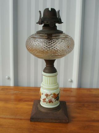 Antique Lamp On Metal Base With Glass Floral Body Made In The Usa