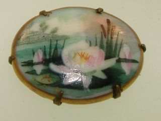 Lovely Antique Estate Limoges Porcelain Hand Painted Water Lily Pin/brooch