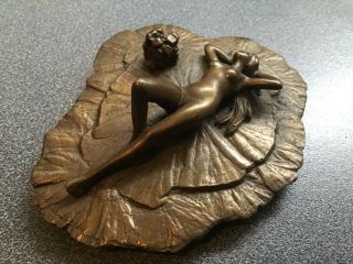 Small Bronze Effect Art Nouveau Bronze Paperweight.  Nude On Lily Pad Leaf.