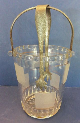 Vtg Retro Glass Ice Bucket Handle Hammered Ice Claw Tongs Mcm Barware Gold Trim