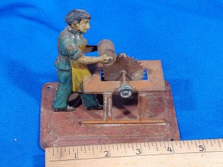Antique Tin Toy Man Table Saw Steam Engine Cutting Log Woodworking Vtg Old Rare