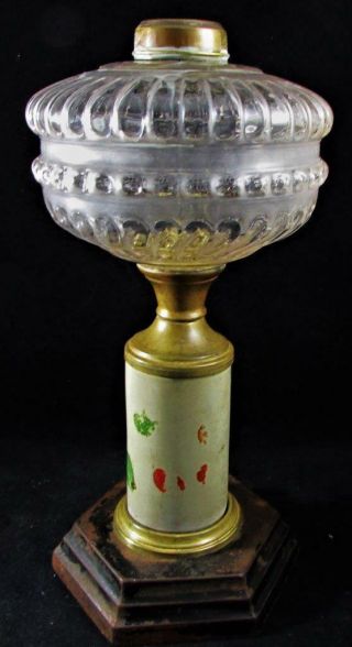 Antique Composite Stand Oil Or Kerosene Lamp,  Ceramic Stem,  Hexagonal Iron Base