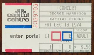 George Harrison - The Beatles - 1974 Rare Concert Ticket Stub (landover)