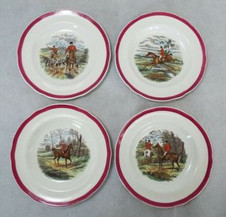 Spode Herring Hunt Red Set Of 4 Small Bread & Butter Plates 2/9344 Rare Excellnt