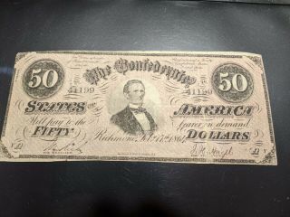 $50.  00 Confederate Note Xf Rare 1864