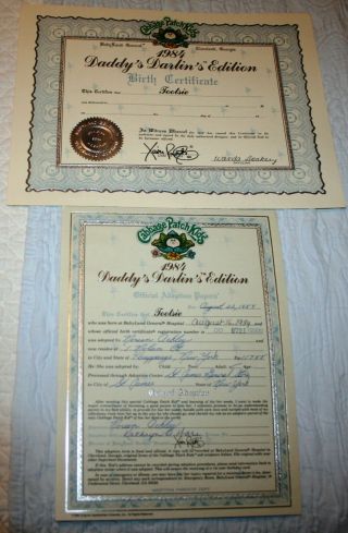 Cabbage Patch Birth Certificate & Adoption Papers " Tootsie " 1984 Daddy 