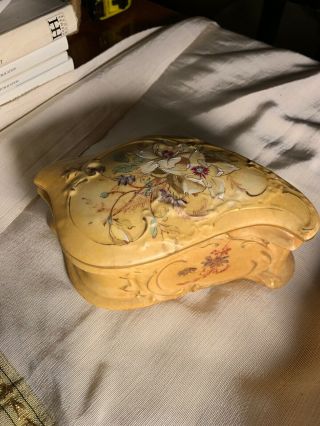 Antique Victorian Art Nouveau Porcelain Trinket Box Hand - Painted Florals Gift