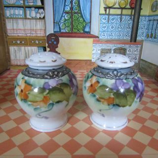 Antique Victorian Edwardian Vtg Hand Painted Gold Floral Salt Shakers Porcelain