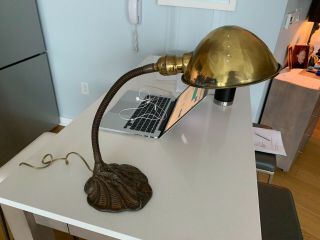 Old Vintage Adjustable Brass Desk Lamp Nautical Seashell Great Rare