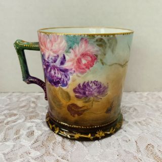 Antique T&v Limoges France Hand Painted Porcelain Cup Pink,  Purple Dalie Flowers