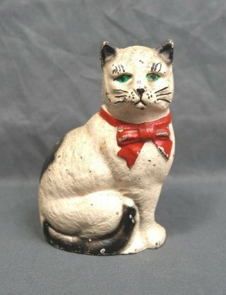 Antique Vintage Cast Iron Figural Kitty Cat Piggy Bank With Red Bow