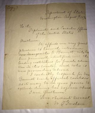 1894 Rare Antique Letter From Secretary Of State Walter Q.  Gresham