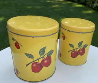 Rare Vintage 1940s Decoware Tin Metal Canisters Yellow Red Apple