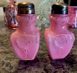Antique Consolidated Glass Pink Opaque Narrow Based Scroll Salt&pepper Shakers