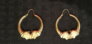 Rare Vtg 1/20 14kt Gf Gold Filled Hollow Egyptian Heads Hoop Earrings