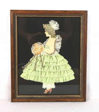 Vintage Estate Wood Framed Elegant Ribbon Art Paper Doll Side View W/bonnet