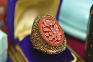 Estate Antique Gilded Chinese Export Filigree Big Cinnabar Adjustable Ring