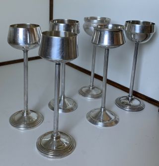 1909s Silver Plated Wmf Art Nouveau Germany Set Of 6 Cordial Glasses 5.  25” Tall