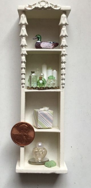 1:12 Scale Dollhouse Miniature,  Green & White Bathroom Shelf With Perfumes Soaps