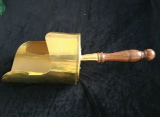 Antique Large Brass Shop Scoop With Wooden Handle 16 " X 7 "