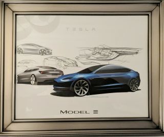 Tesla Model 3 Sketch Design Artwork - Elon Musk - Rare Framed