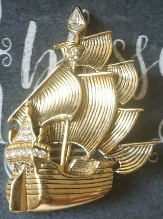 Vtg Disney Napier Gold Tone Rhinestone Captain Hook Pirate Ship Lapel Pin/brooch