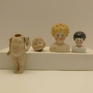 Vintage Antique Porcelain And Bisque Doll 3 Heads Body Parts Repair Art Projects