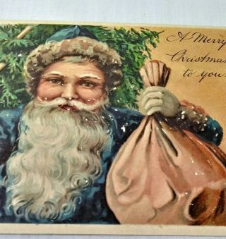 Antique BLUE COAT SANTA Carrying Tree with Toy Sack Emb Divided Postcard Germany 2