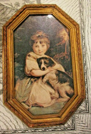 Vintage Victorian Girl With Dog Print Gold Gilt Frame Made In Italy